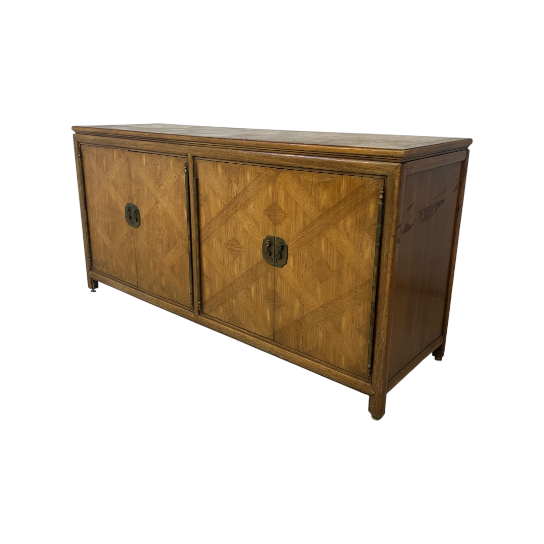 Diamond Parquet Pecan Wood Hollywood Regency Credenza