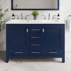 Ebern Designs Minnich Blue Double Sink Bath Vanity With Carrara Quartz Top And Undermount Porcelain Sinks
