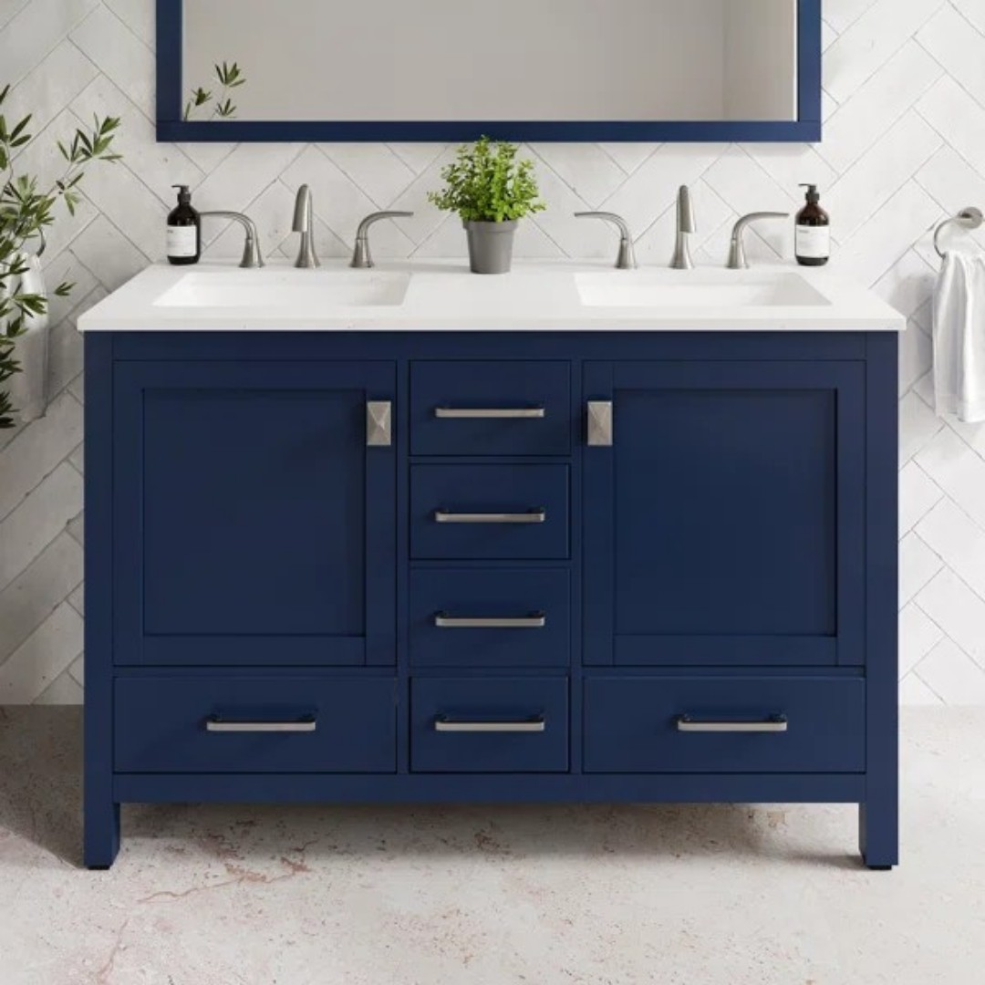 Ebern Designs Minnich Blue Double Sink Bath Vanity With Carrara Quartz Top And Undermount Porcelain Sinks