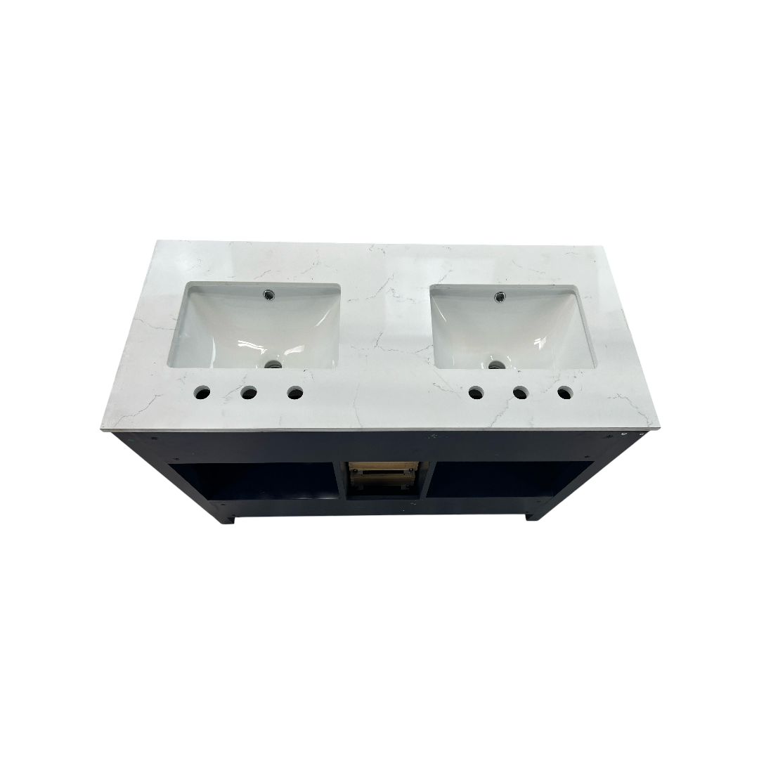 Ebern Designs Minnich Blue Double Sink Bath Vanity With Carrara Quartz Top And Undermount Porcelain Sinks