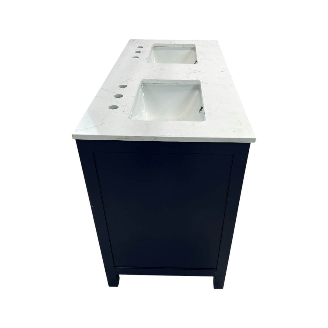 Ebern Designs Minnich Blue Double Sink Bath Vanity With Carrara Quartz Top And Undermount Porcelain Sinks