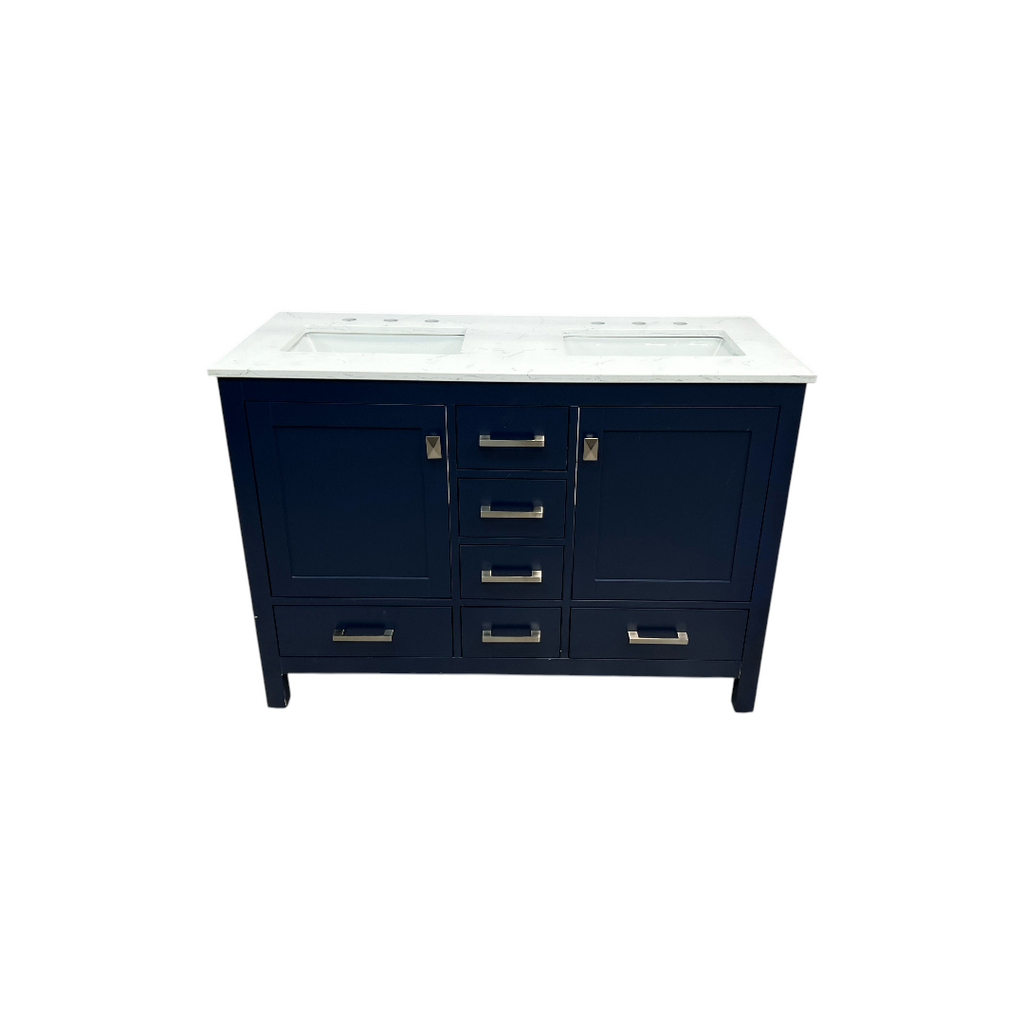 Ebern Designs Minnich Blue Double Sink Bath Vanity With Carrara Quartz Top And Undermount Porcelain Sinks