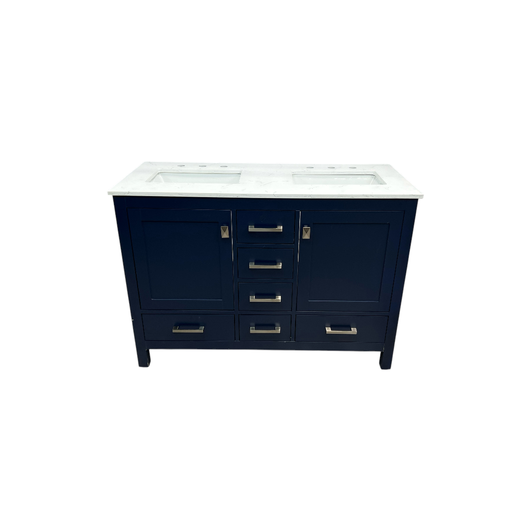 Ebern Designs Minnich Blue Double Sink Bath Vanity With Carrara Quartz Top And Undermount Porcelain Sinks