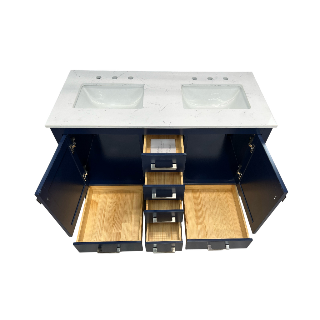 Ebern Designs Minnich Blue Double Sink Bath Vanity With Carrara Quartz Top And Undermount Porcelain Sinks