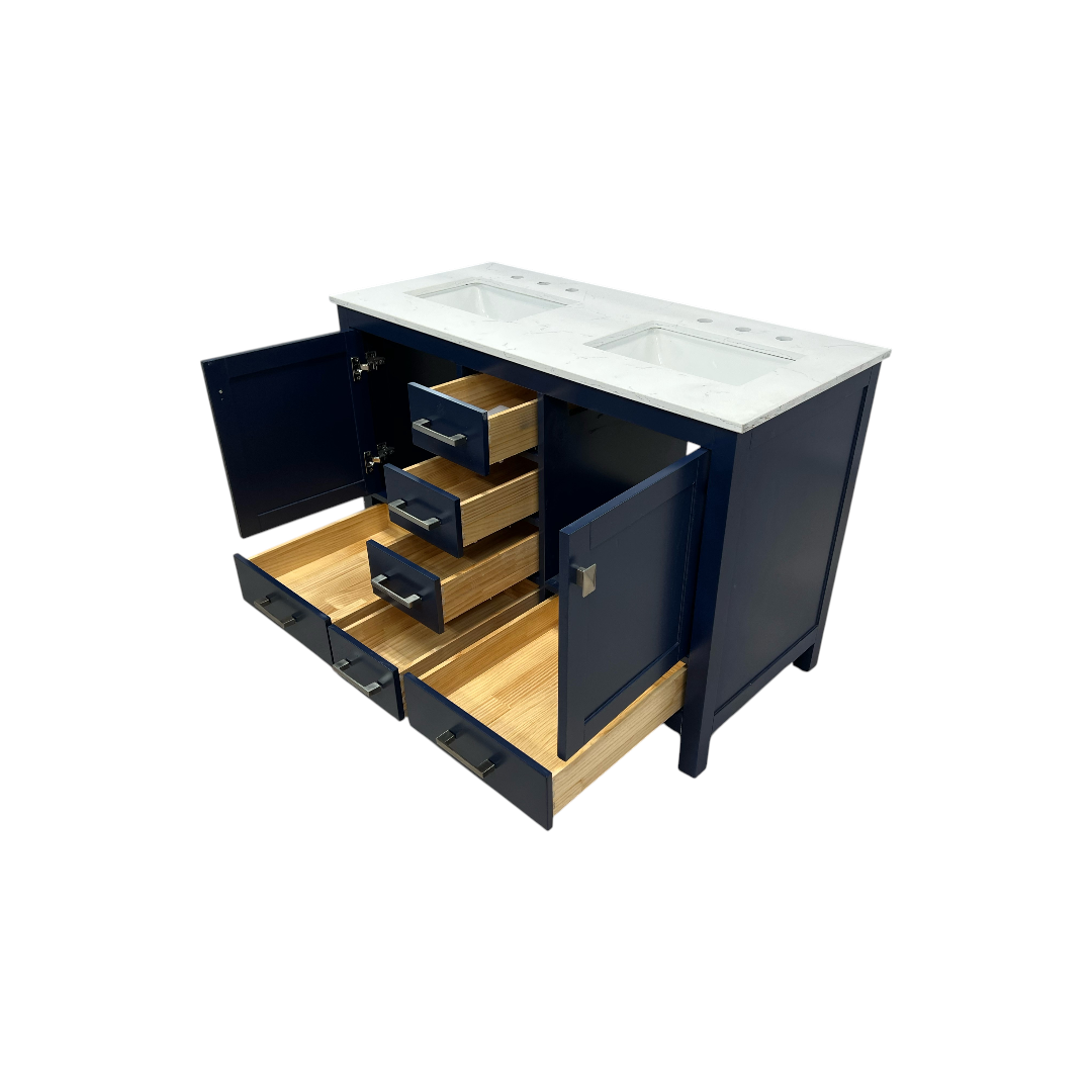 Ebern Designs Minnich Blue Double Sink Bath Vanity With Carrara Quartz Top And Undermount Porcelain Sinks