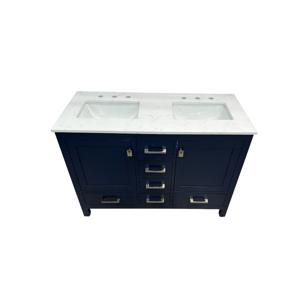Ebern Designs Minnich Blue Double Sink Bath Vanity With Carrara Quartz Top And Undermount Porcelain Sinks