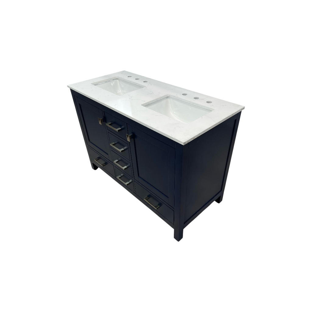 Ebern Designs Minnich Blue Double Sink Bath Vanity With Carrara Quartz Top And Undermount Porcelain Sinks