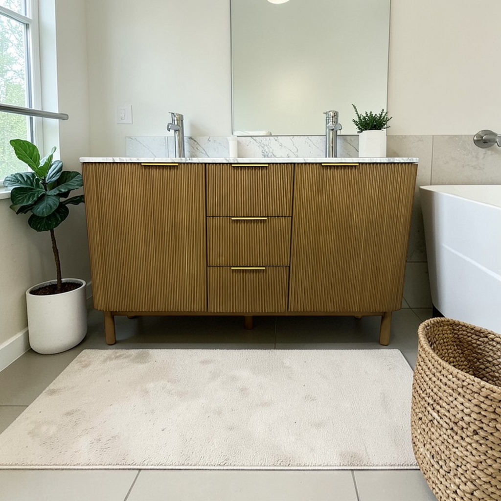 Highbury Furnishings Havana Single Bathroom Vanity in Reeded Birch Carrara Marble Countertop