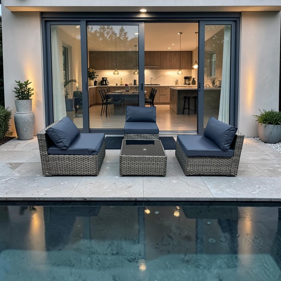 Latitude Run Kalinowski 4-Piece Outdoor Patio Furniture Set With Splash Proof Cushions Tempered Glass Coffee Table And Adjustable Feet Wicker Sofa With Seat Clips For Stability