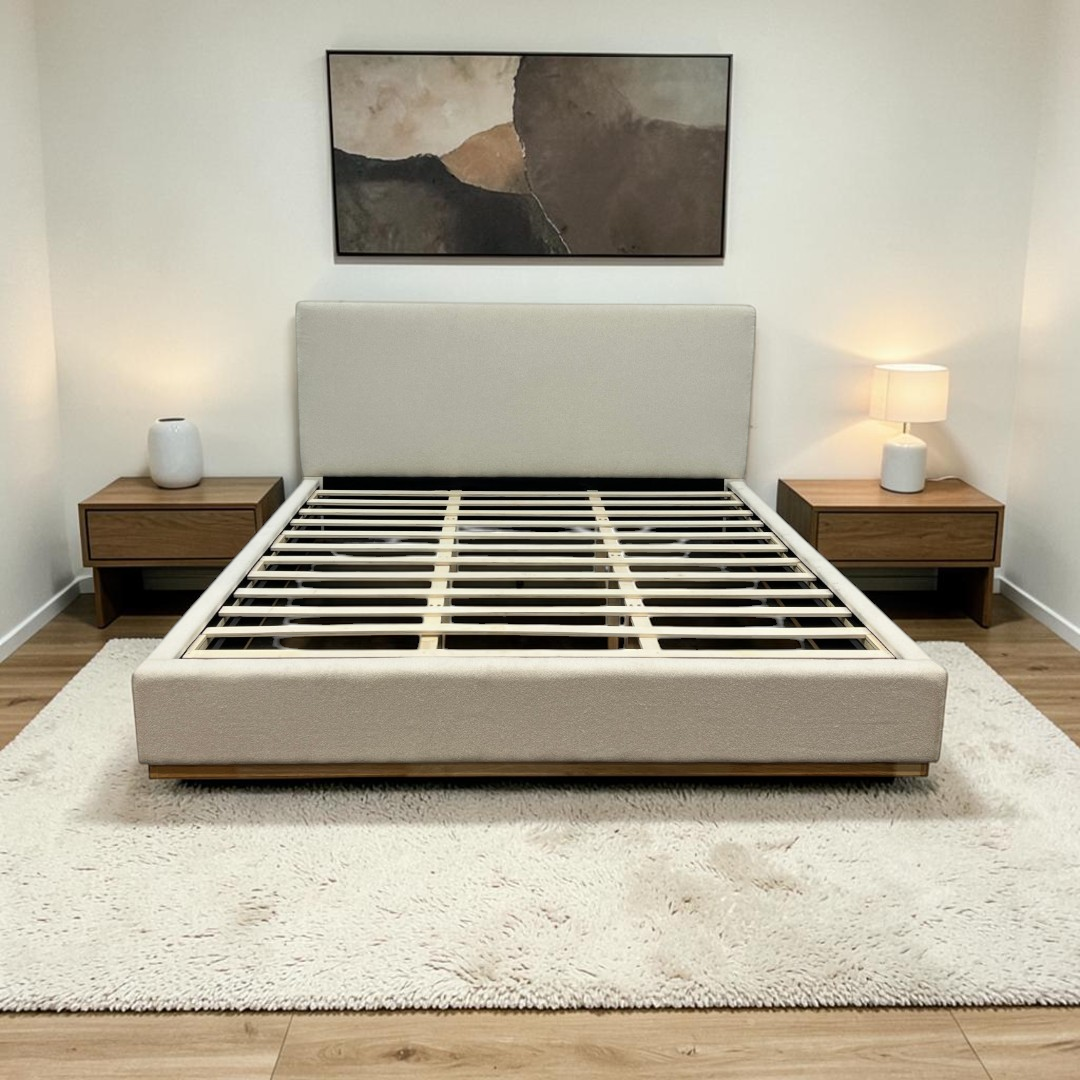 Ebern Designs Aspen Wood Base Upholstered Boucle Platform King Bed