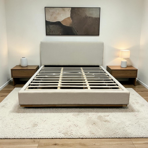 Ebern Designs Aspen Wood Base Upholstered Boucle Platform King Bed, image 1