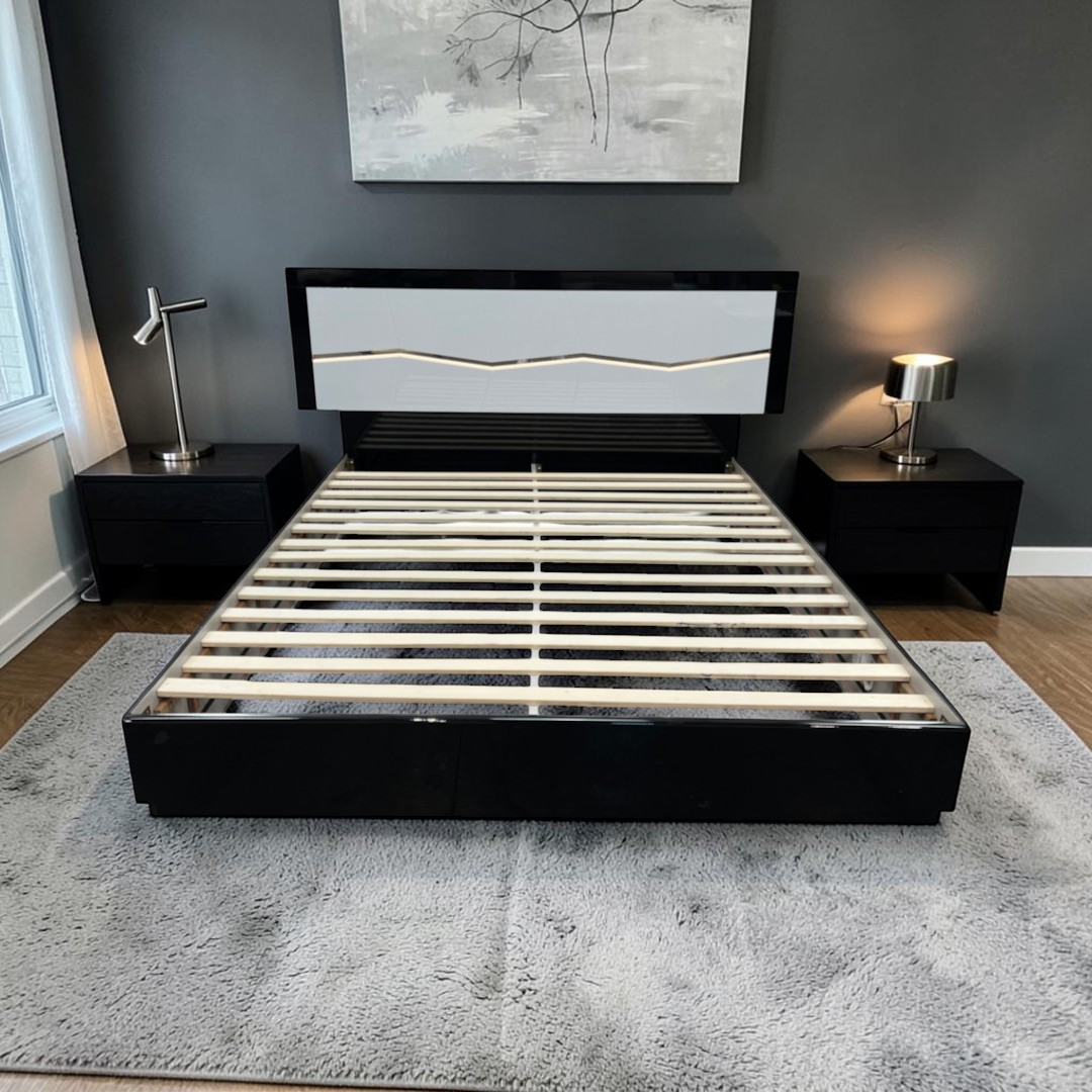 Orren Ellis Jinn Upholstered LED Lighted High Gloss Platform California King Bed