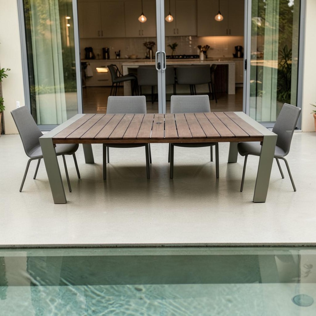 Orren Ellis Sameko Manufactured Wood and Metal Rectangular Outdoor Dining Table and Umbrella