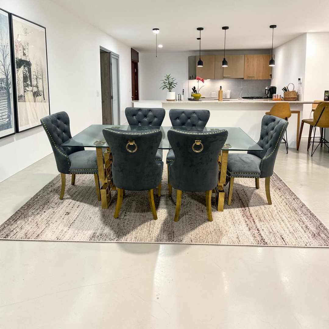 Rosdorf Park Upholstered Dining Table and Chairs Set, Tufted Back Design With Stainless Steel Leg (Set of 6)