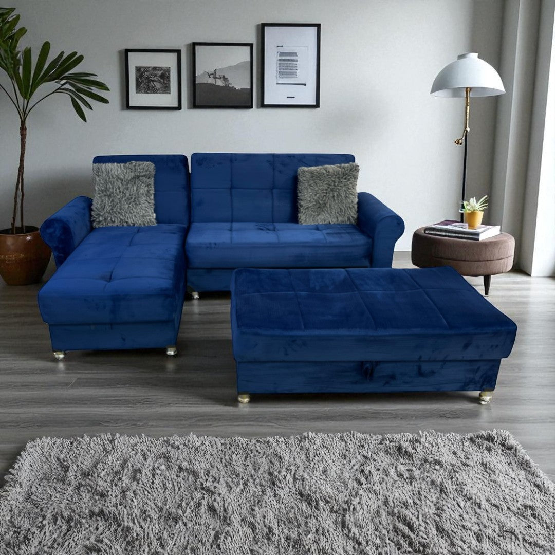 Ibiza Blue Sectional Couch and Ottoman with Sleeper and Storage