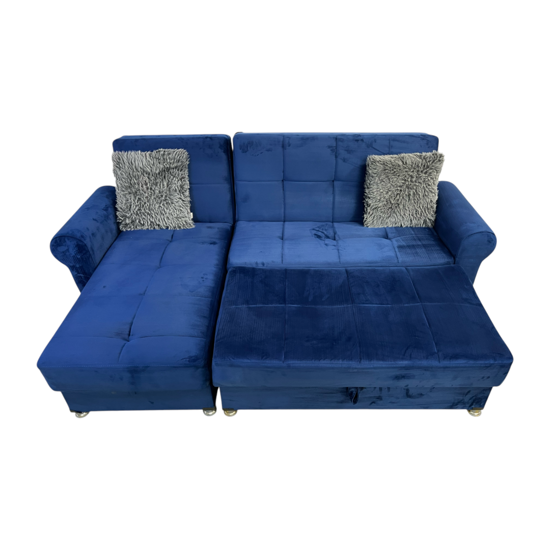 Ibiza Blue Sectional Couch and Ottoman with Sleeper and Storage