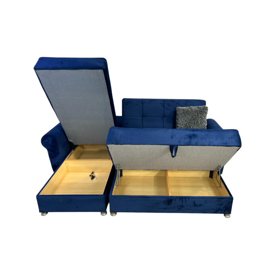 Ibiza Blue Sectional Couch and Ottoman with Sleeper and Storage