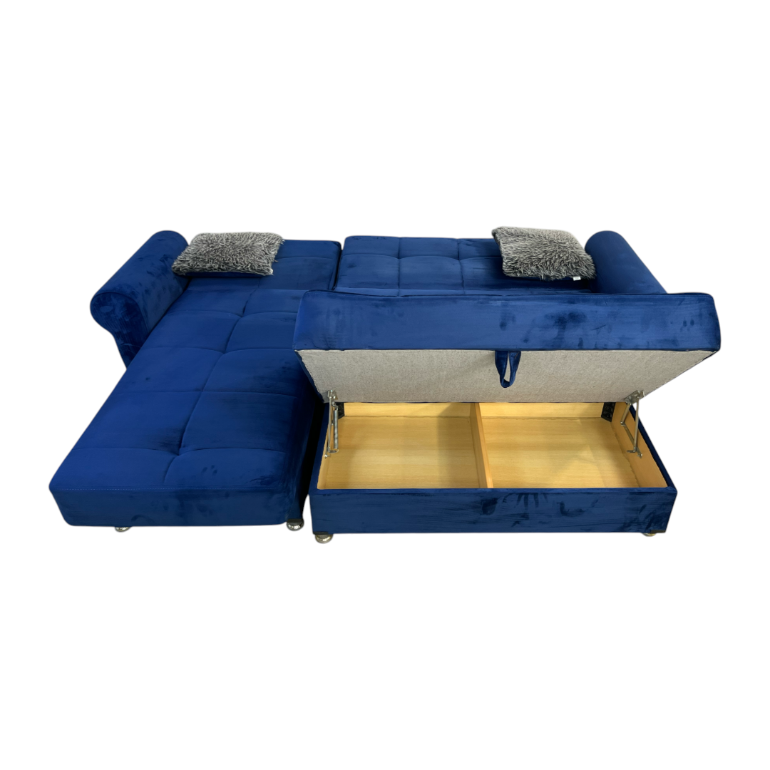 Ibiza Blue Sectional Couch and Ottoman with Sleeper and Storage