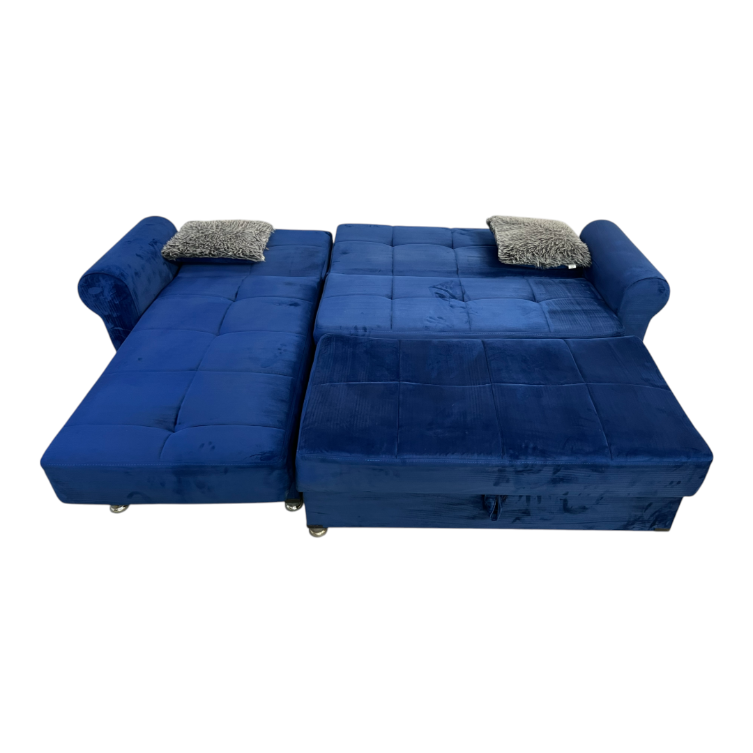 Ibiza Blue Sectional Couch and Ottoman with Sleeper and Storage