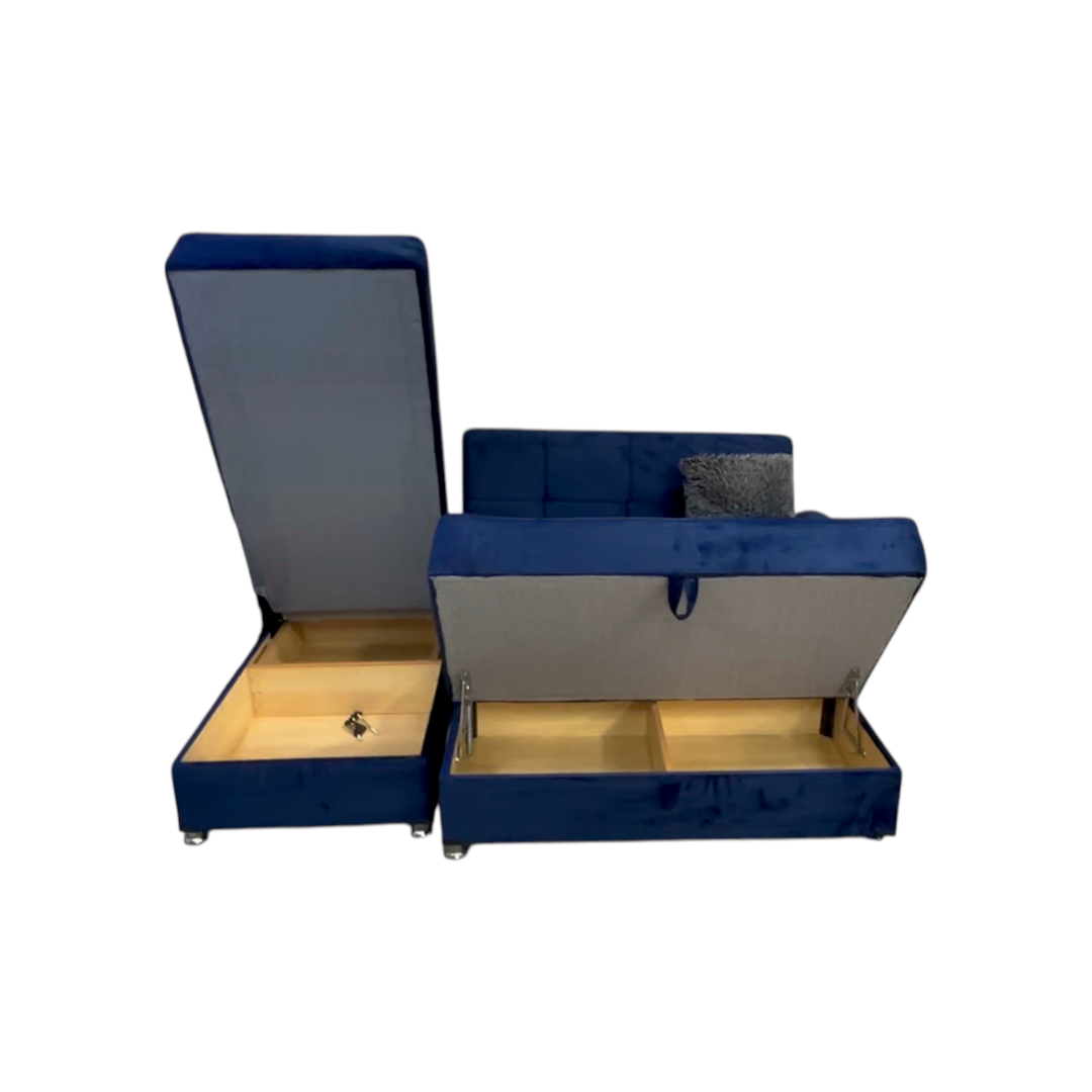 Ibiza Blue Sectional Couch and Ottoman with Sleeper and Storage