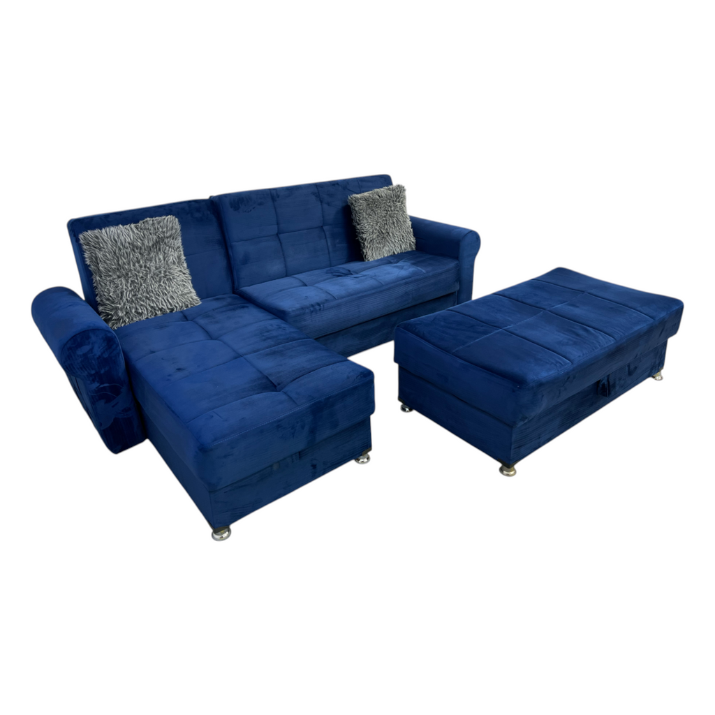 Ibiza Blue Sectional Couch and Ottoman with Sleeper and Storage