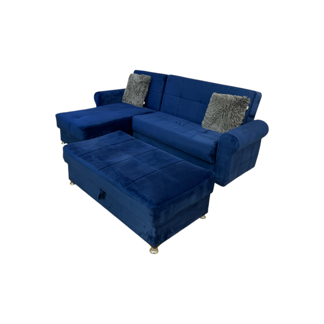 Ibiza Blue Sectional Couch and Ottoman with Sleeper and Storage