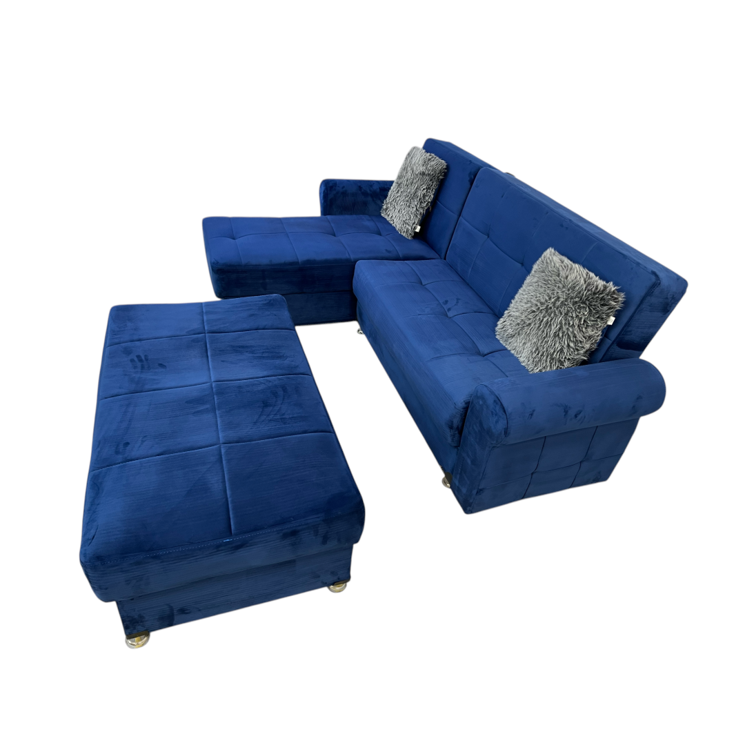 Ibiza Blue Sectional Couch and Ottoman with Sleeper and Storage