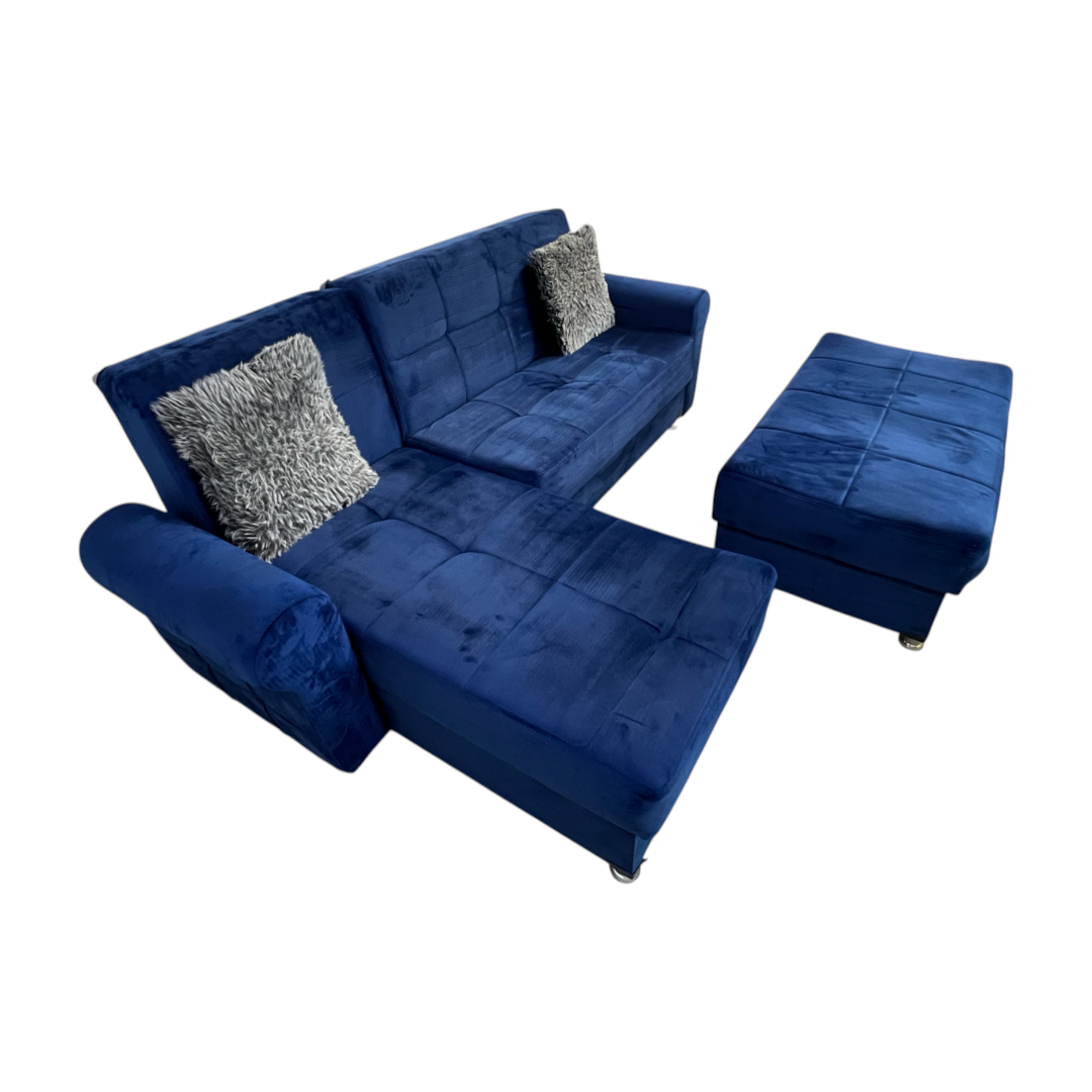 Ibiza Blue Sectional Couch and Ottoman with Sleeper and Storage