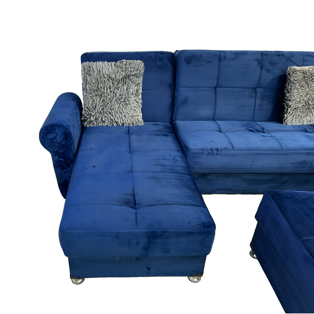 Ibiza Blue Sectional Couch and Ottoman with Sleeper and Storage