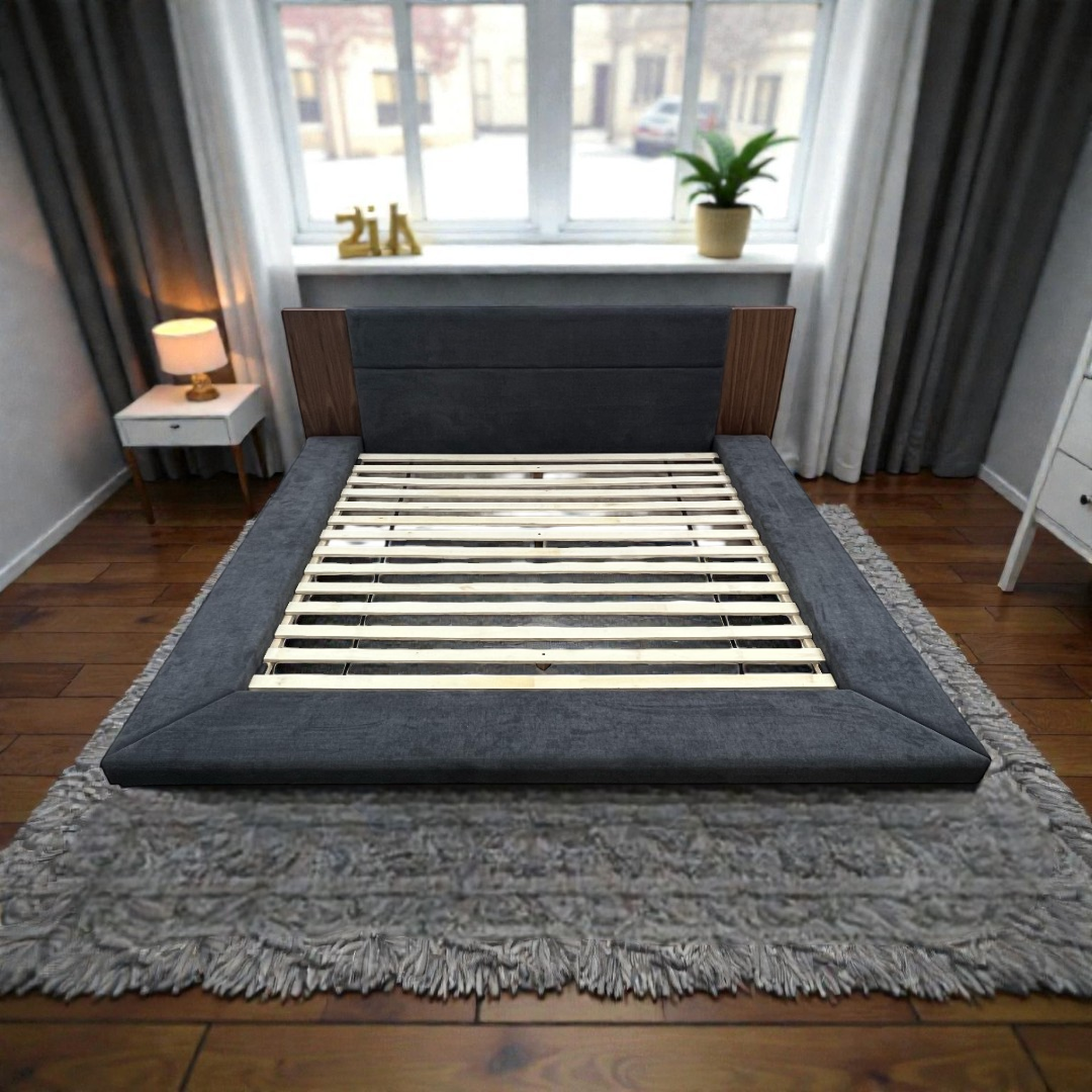 LA Furniture Eastern King Jagger Dark Grey & Walnut Bed, 100" × 96" × 32" — image 1 of 4