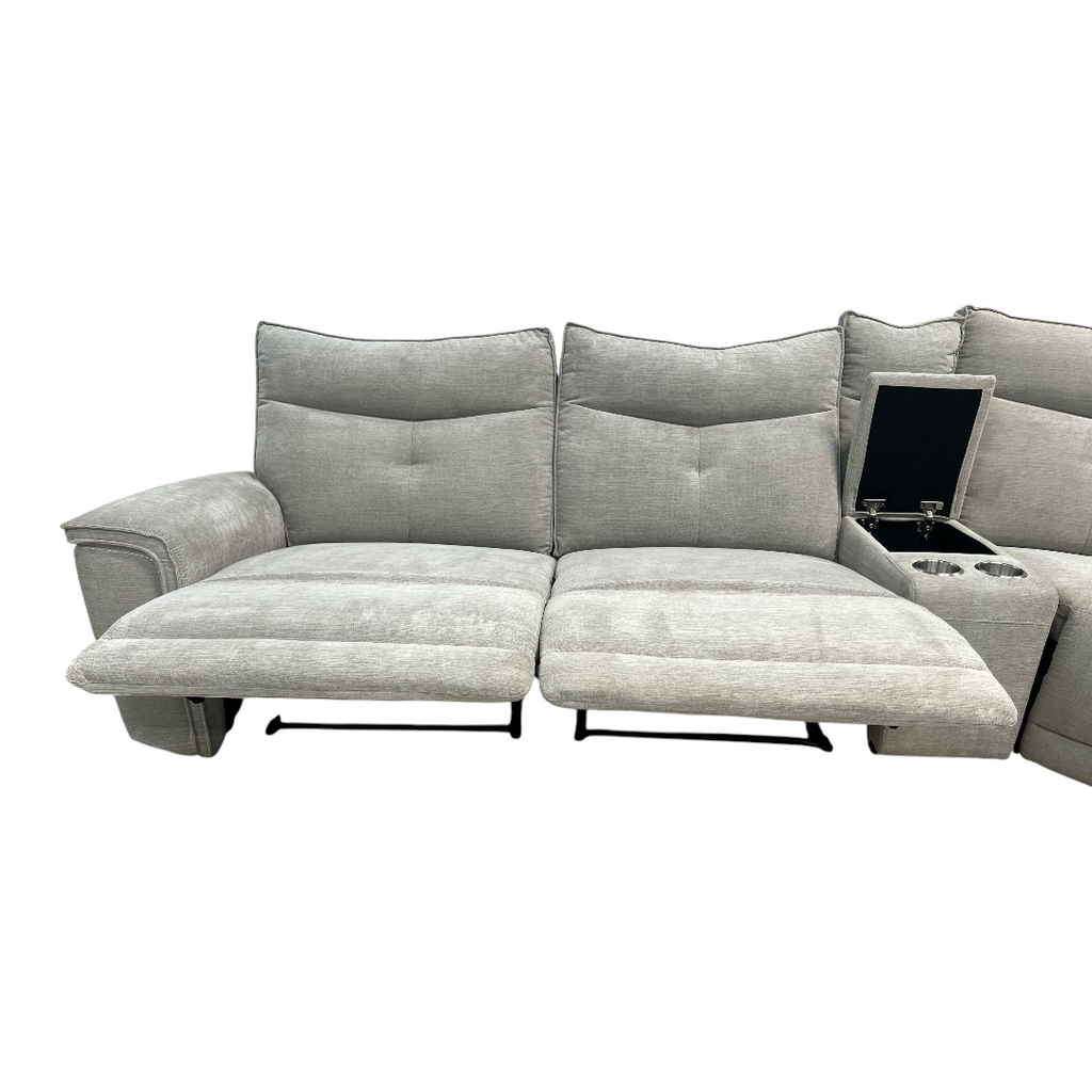 Latitude Run Achernar Modern & Contemporary Textured Fabric Double Reclining Sectional Sofa with Flexible 6-Piece Modular Design, Integrated Console with Stainless Steel Cupholders