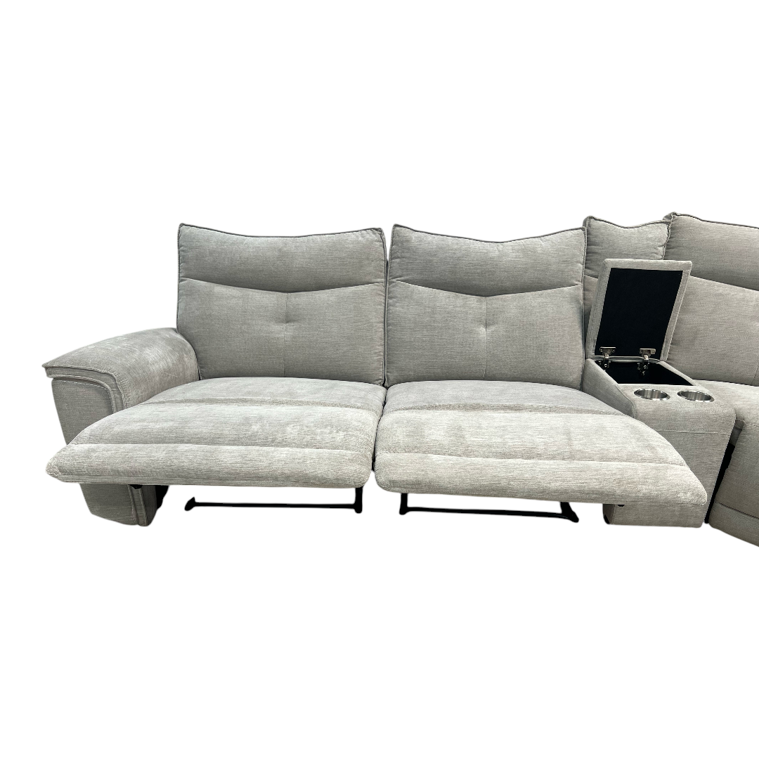 Latitude Run Achernar Modern & Contemporary Textured Fabric Double Reclining Sectional Sofa with Flexible 6-Piece Modular Design, Integrated Console with Stainless Steel Cupholders