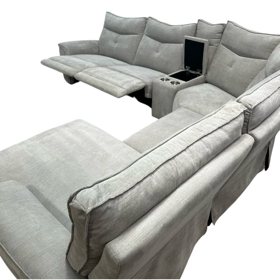 Latitude Run Achernar Modern & Contemporary Textured Fabric Double Reclining Sectional Sofa with Flexible 6-Piece Modular Design, Integrated Console with Stainless Steel Cupholders