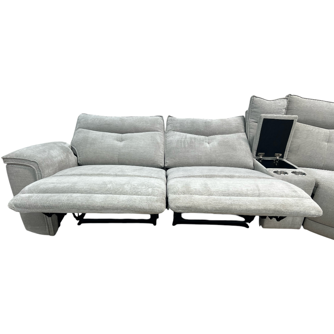 Latitude Run Achernar Modern & Contemporary Textured Fabric Double Reclining Sectional Sofa with Flexible 6-Piece Modular Design, Integrated Console with Stainless Steel Cupholders