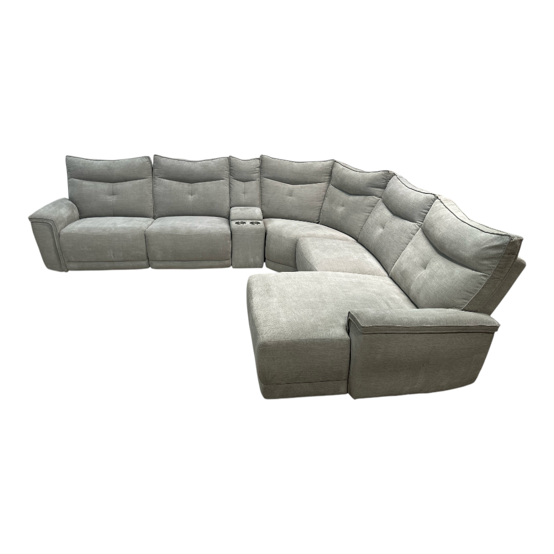 Latitude Run Achernar Modern & Contemporary Textured Fabric Double Reclining Sectional Sofa with Flexible 6-Piece Modular Design, Integrated Console with Stainless Steel Cupholders