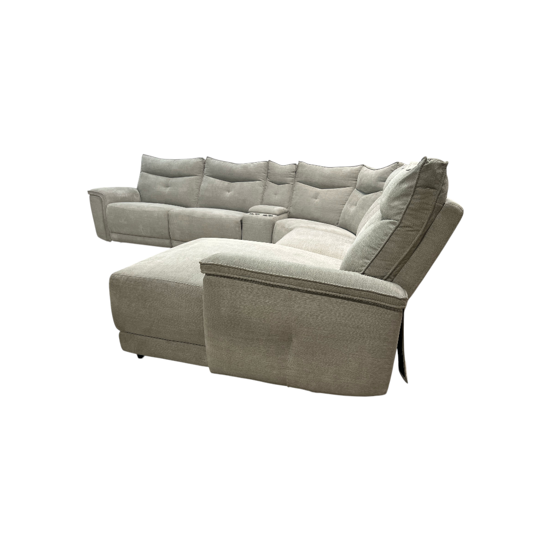 Latitude Run Achernar Modern & Contemporary Textured Fabric Double Reclining Sectional Sofa with Flexible 6-Piece Modular Design, Integrated Console with Stainless Steel Cupholders