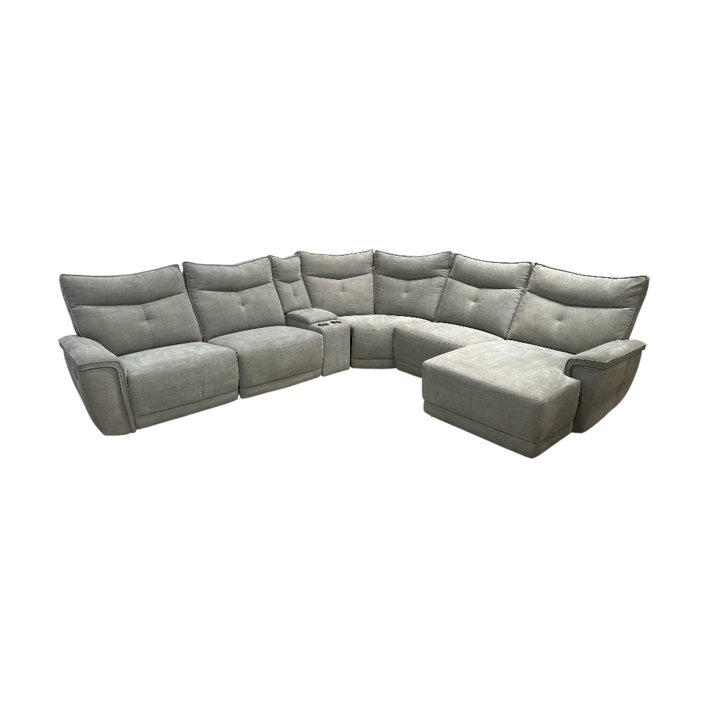 Latitude Run Achernar Modern & Contemporary Textured Fabric Double Reclining Sectional Sofa with Flexible 6-Piece Modular Design, Integrated Console with Stainless Steel Cupholders