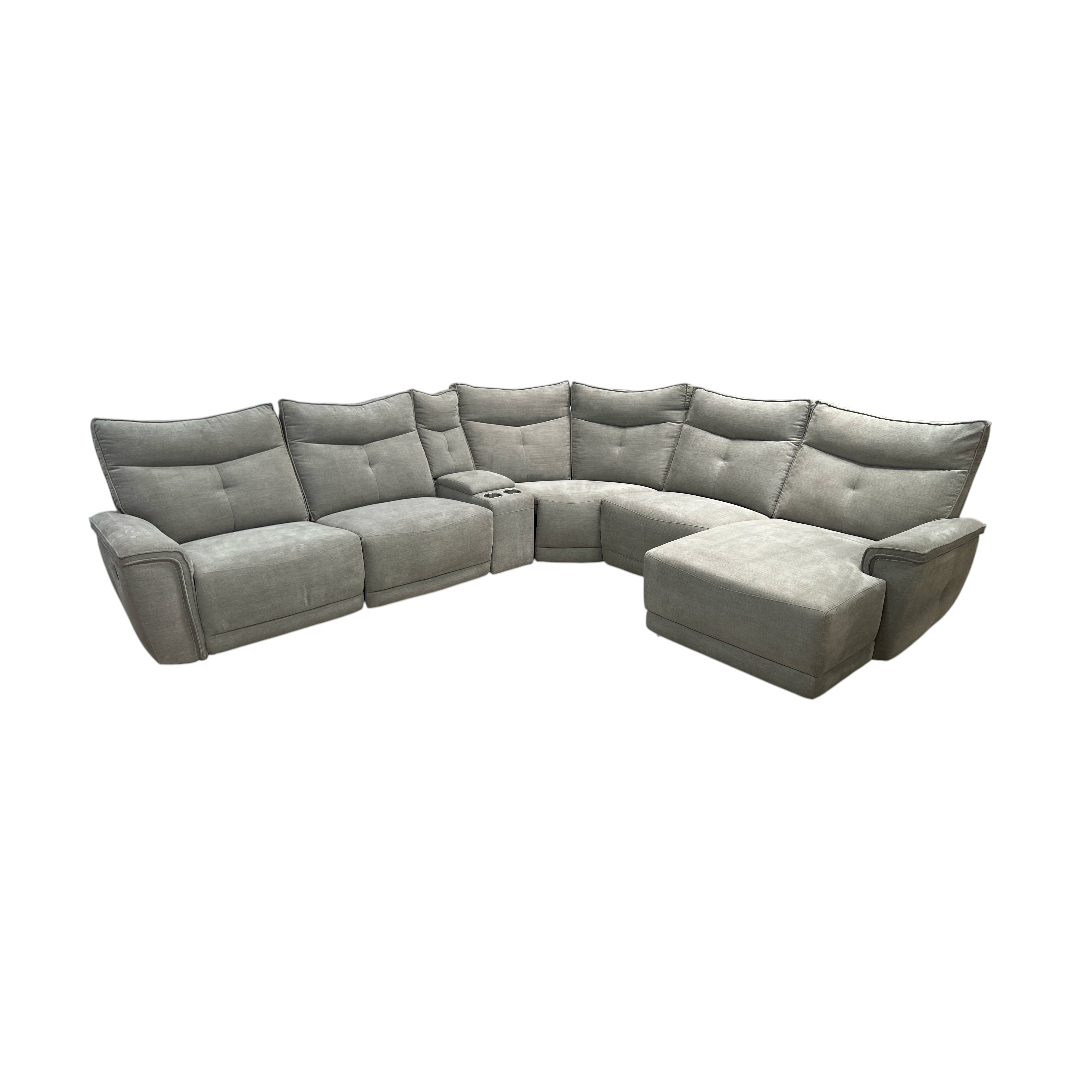 Latitude Run Achernar Modern & Contemporary Textured Fabric Double Reclining Sectional Sofa with Flexible 6-Piece Modular Design, Integrated Console with Stainless Steel Cupholders