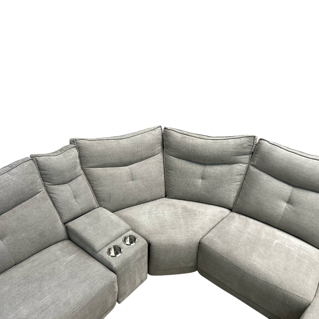 Latitude Run Achernar Modern & Contemporary Textured Fabric Double Reclining Sectional Sofa with Flexible 6-Piece Modular Design, Integrated Console with Stainless Steel Cupholders