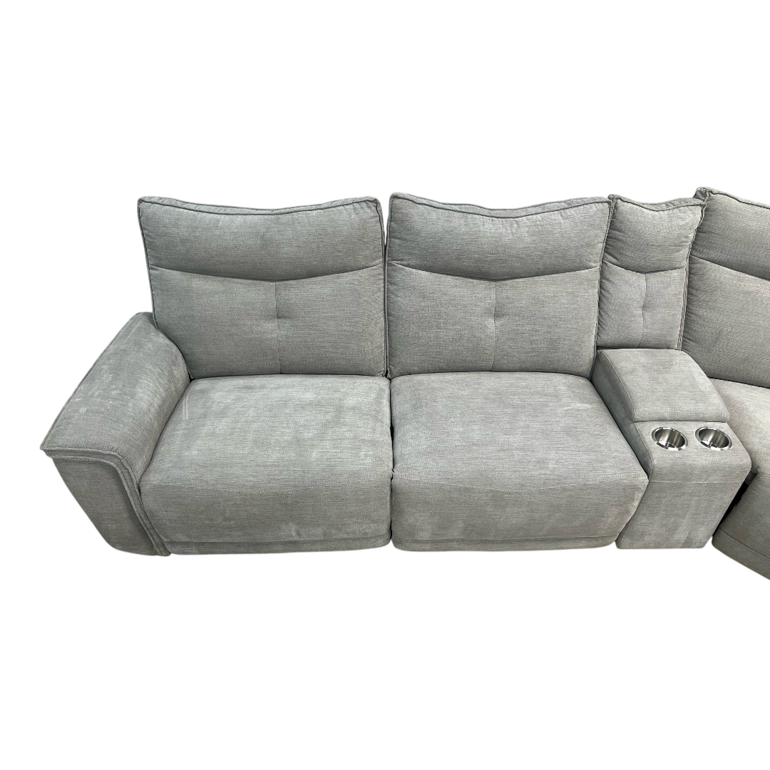Latitude Run Achernar Modern & Contemporary Textured Fabric Double Reclining Sectional Sofa with Flexible 6-Piece Modular Design, Integrated Console with Stainless Steel Cupholders