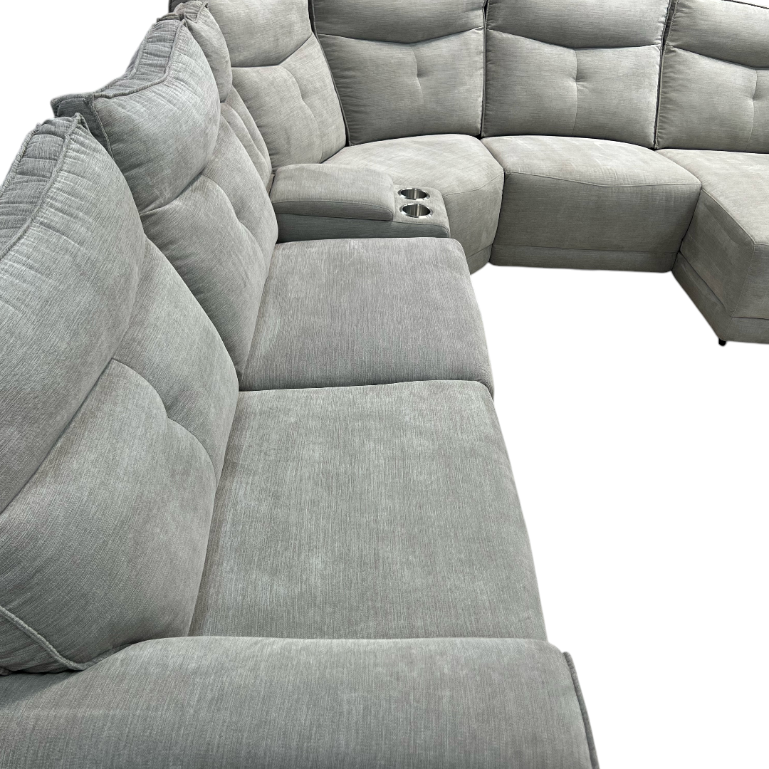 Latitude Run Achernar Modern & Contemporary Textured Fabric Double Reclining Sectional Sofa with Flexible 6-Piece Modular Design, Integrated Console with Stainless Steel Cupholders