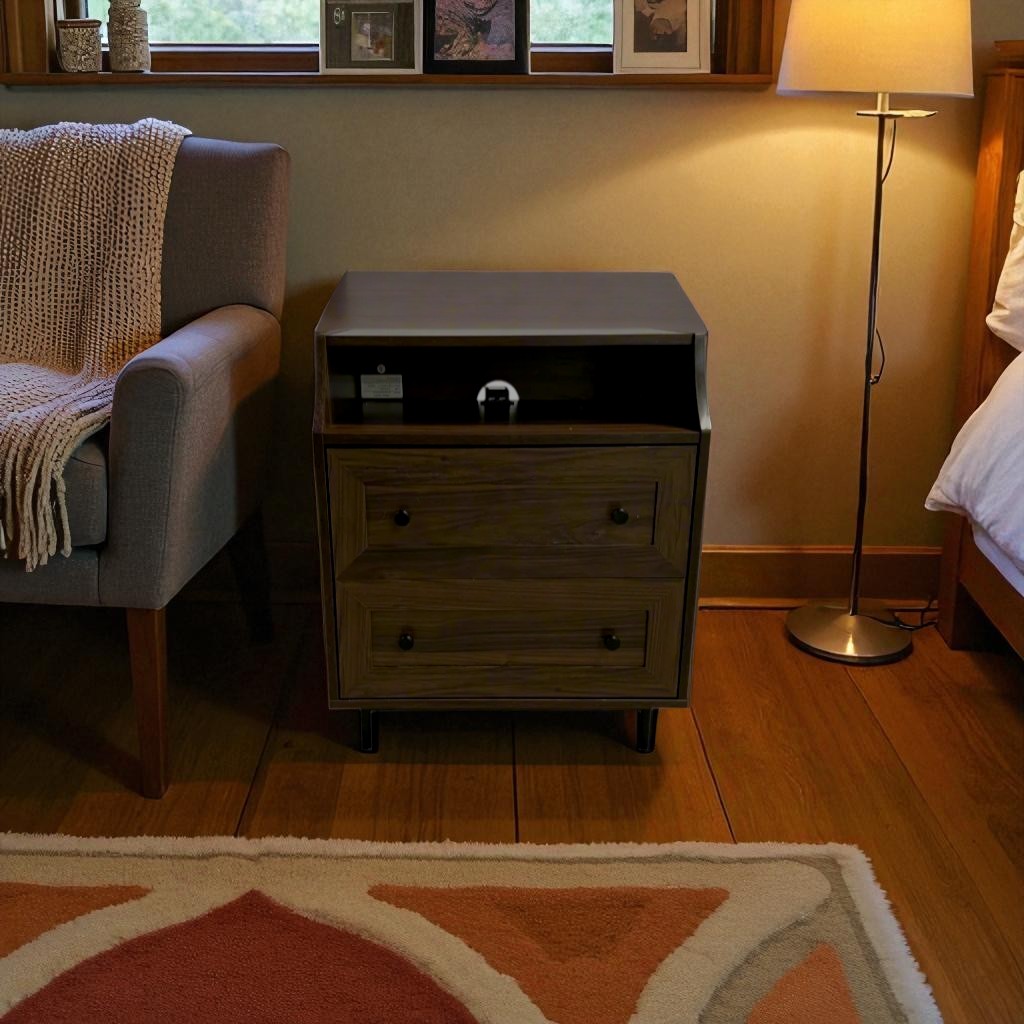 Lisa Curved Open Top 2 Drawer Nightstand with USB - Dark Walnut