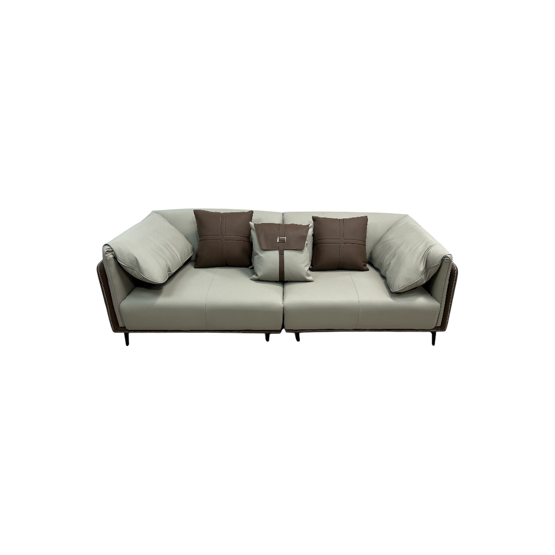 Orren Ellis Modern Two-Tone Faux Leather Sofa Collection with Flared Arms and Toss Pillows
