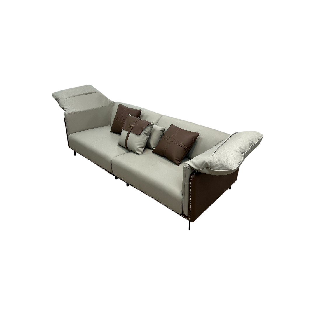 Orren Ellis Modern Two-Tone Faux Leather Sofa Collection with Flared Arms and Toss Pillows