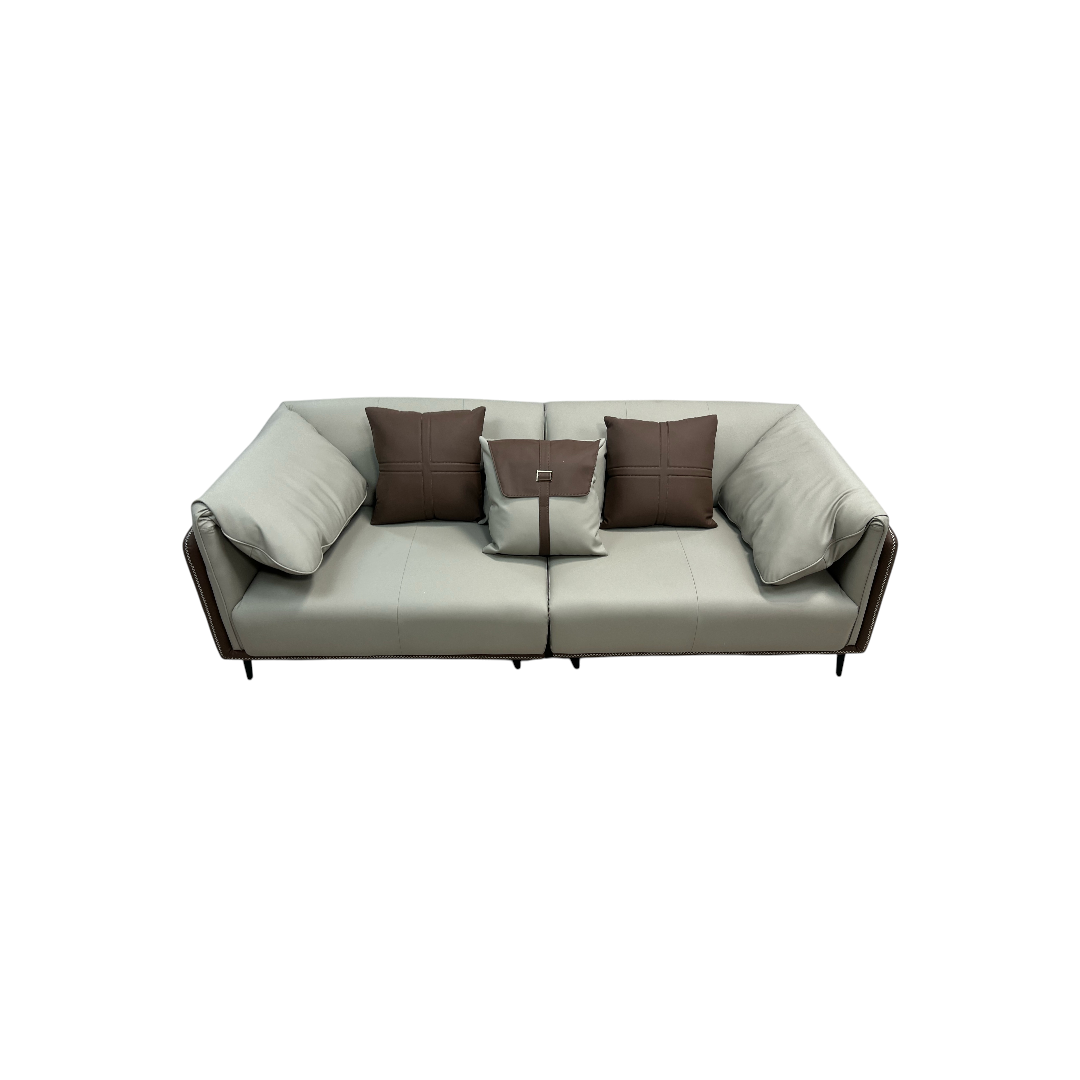 Orren Ellis Modern Two-Tone Faux Leather Sofa Collection with Flared Arms and Toss Pillows