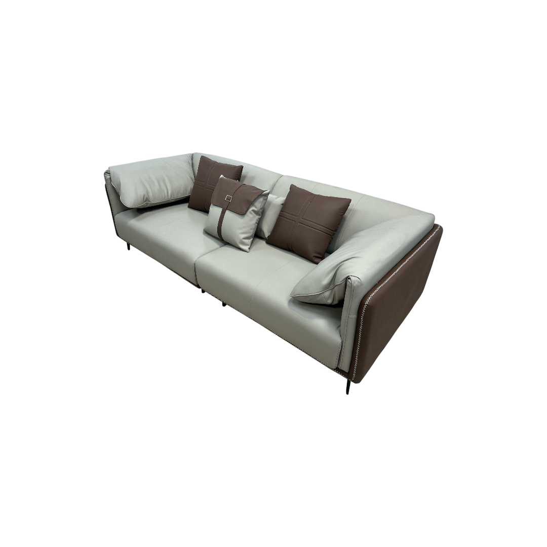 Orren Ellis Modern Two-Tone Faux Leather Sofa Collection with Flared Arms and Toss Pillows