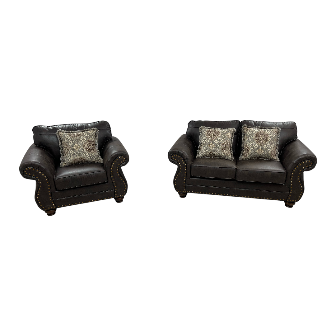 Roundhill Furniture Leinster Faux Leather Upholstered Nailhead Loveseat And Chair in Espresso Set