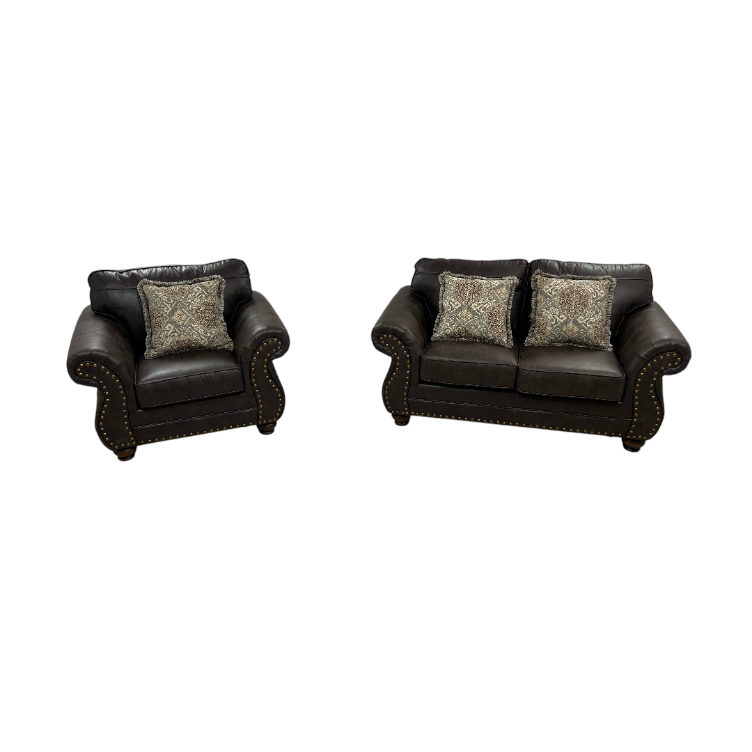 Roundhill Furniture Leinster Faux Leather Upholstered Nailhead Loveseat And Chair in Espresso Set