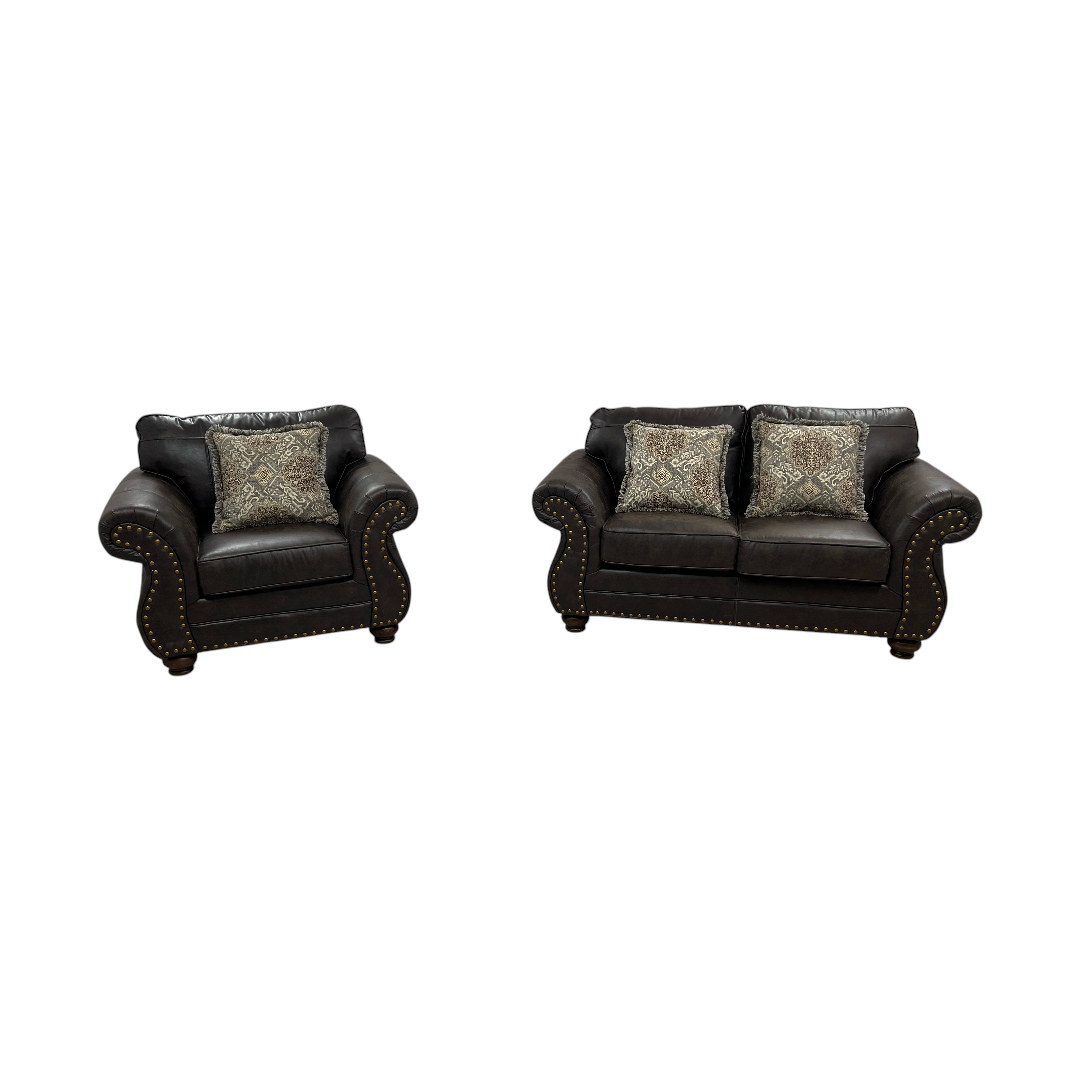 Roundhill Furniture Leinster Faux Leather Upholstered Nailhead Loveseat And Chair in Espresso Set