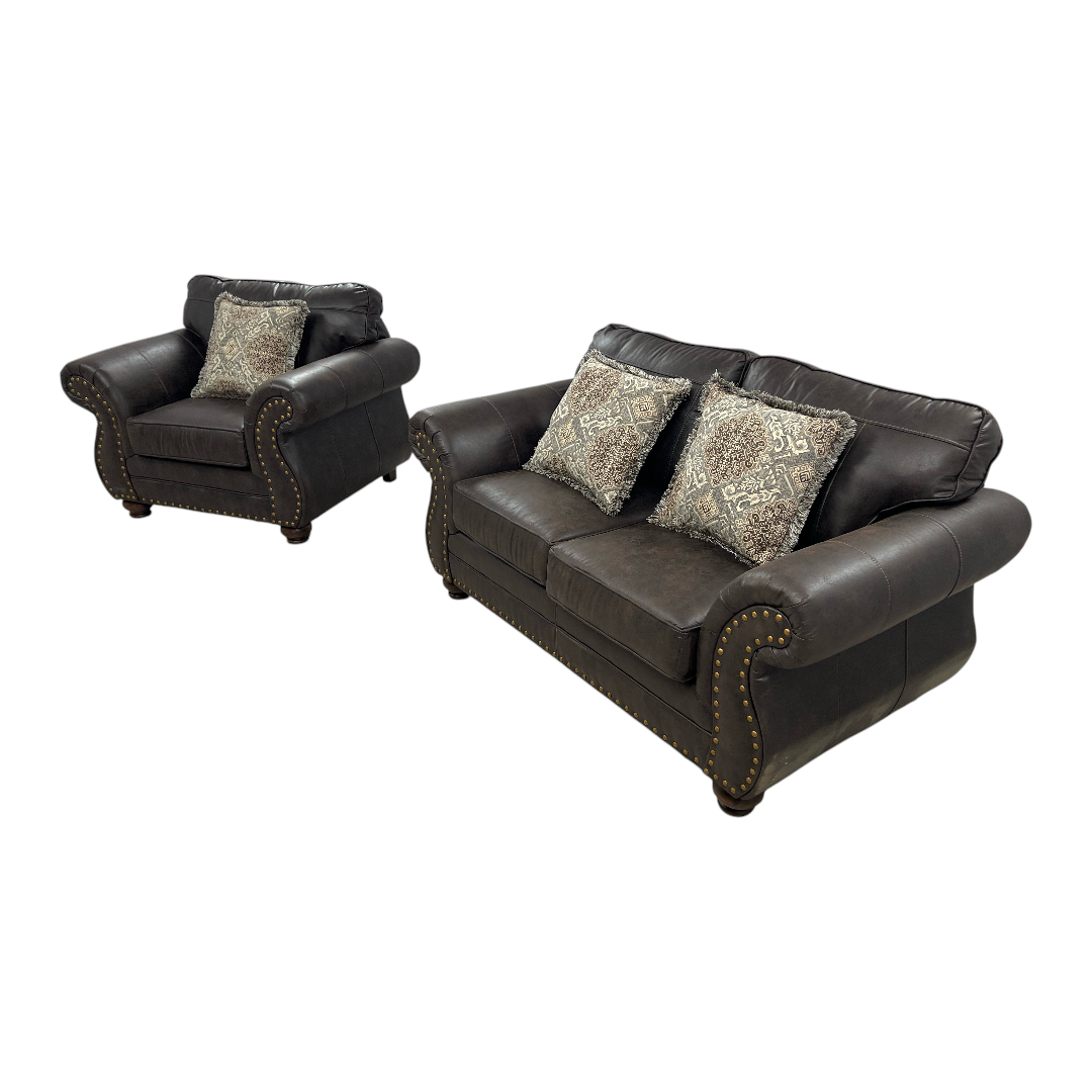 Roundhill Furniture Leinster Faux Leather Upholstered Nailhead Loveseat And Chair in Espresso Set